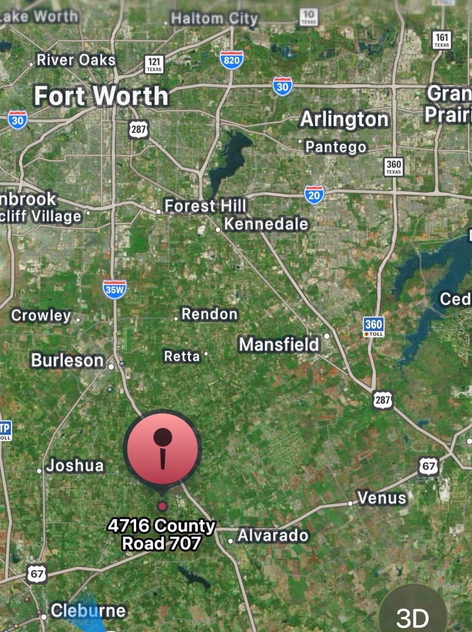 Map showing The Summer Meadows location at 4716 County Road 707 near Alvarado, Texas